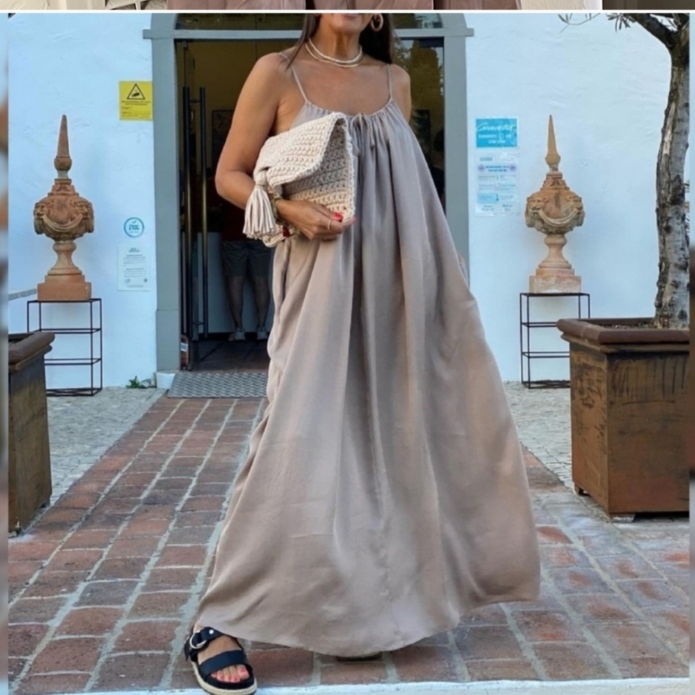Zara Brown and Gray Spaghetti Strap Sundress Maxi